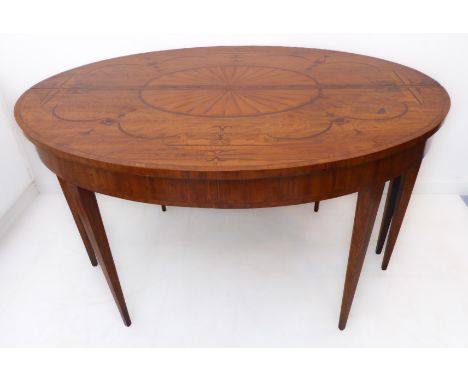 A pair of 19th century demi-lune console tables:&nbsp;satinwood and rosewood crossbanded and marquetry; each with a fan-shape