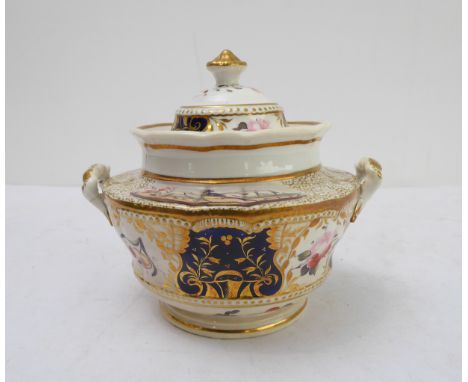 A mid-19th century two-handled ceramic&nbsp;sucrier and cover: hand-gilded, decorated in enamels with roses and vignettes of 