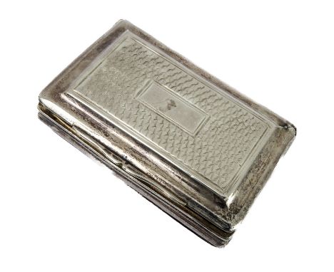 A hallmarked silver snuffbox of rectangular form and with gilded interior: the hinged lid with thumb-piece and vacant horizon
