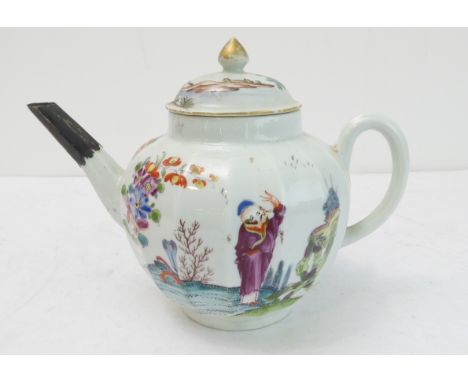 An 18th century teapot (probably Worcester): faceted spherical form, hand-decorated in enamels in the Orientalist taste with 
