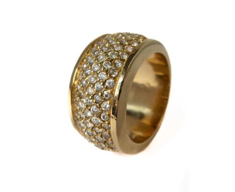 A wide gem-set band ring; the top section set with five rows of circular-cut colourless stones, a square control mark stamped