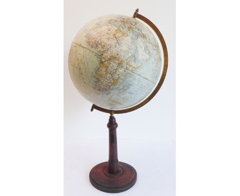 An early 20th century WAGNER &amp; DEBES (Leipzig) 12"&nbsp;terrestrial&nbsp;globe: gilt-metal meridian scale; 12-colour prin