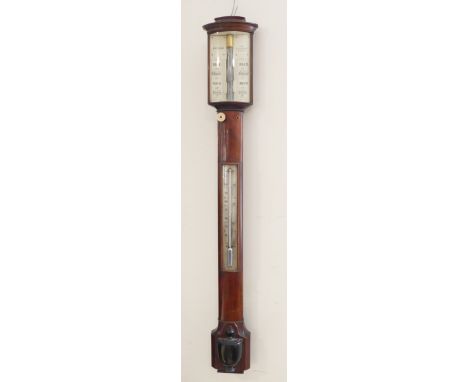 A George III period bow-fronted mahogany stick barometer by 'Keohan (East Smithfield, London)': the register dial signed and 