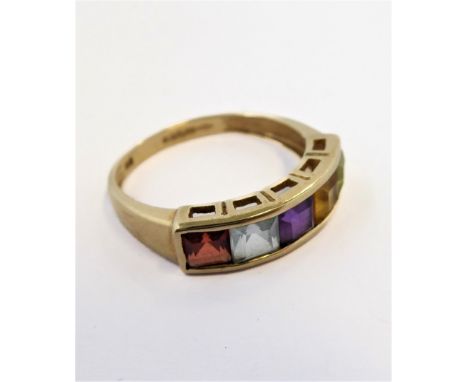 A 9-carat yellow-gold (marked 375) 'rainbow' dress ring horizontally-set with five hand-cut gemstones of varying colours, rin