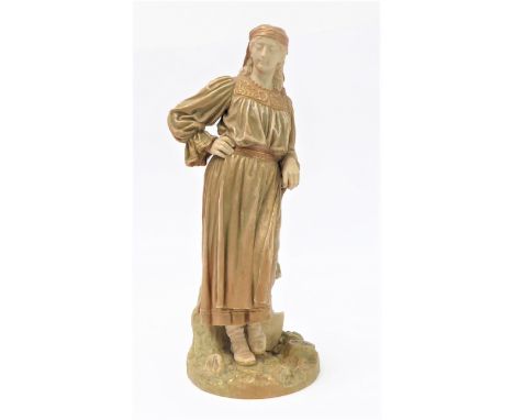 A circa 1892 Royal Worcester blush-ivory figure model: a Romanian peasant standing in front of a tree stump with her arm rest