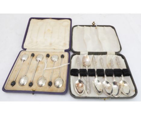 Two 20th century cased sets of spoons; comprising six silver coffee bean spoons with makers mark "P-K-A" and assay marks for 