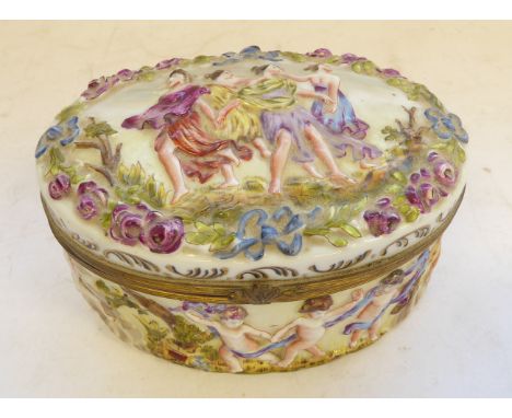 A 19th century Italian Naples porcelain and gilt metal mounted oval casket. The hinged oval top decorated with four classical