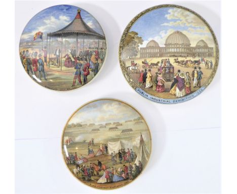 Three 19th century Prattware-style pot lids: 'Dublin Industrial Exhibition 1853' ( 20cm);'Wimbledon July 2nd 1860';'Rifle Con