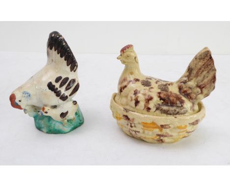 A 19th century spongeware-style trinket box and cover modelled as a hen (9.5 x 7 x 9 cm)&nbsp;and a figure of a hen and two c