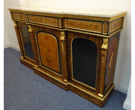 A 19th century marble-topped breakfront&nbsp;calamander, gilded and floral marquetry credenza: the slightly overhanging, vari