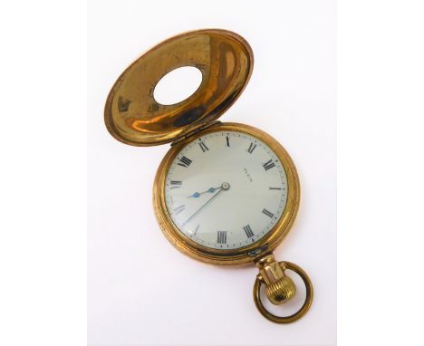 An early 20th century gold-plate-cased half-hunter pocket watch: white enamel dial signed 'Elgin' and with Roman numerals and