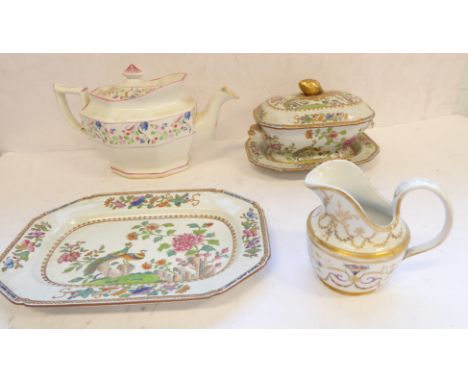 A 19th century Spode stone china oval sauce tureen, rectangular stand and plate (3); Regency Meissen helmet shaped cream jug 