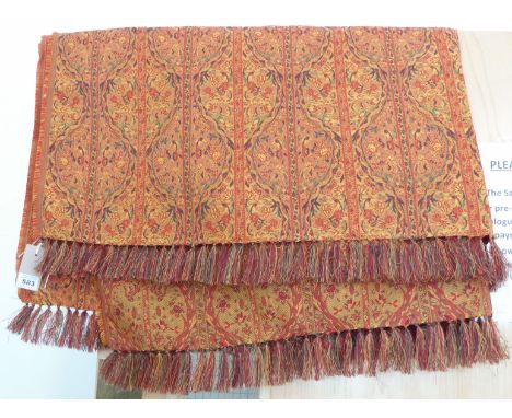 A 20th century Persian throw/table cloth: seven vertical borders with floral, bobbin-style guls and alternating lighter patte