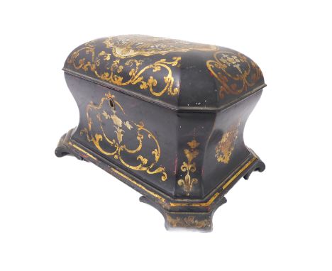 A mid-19th century fine papier-mâché tea caddy by Jennens &amp; Bettridge (stamped to underside): the dome-topped hinged lid 