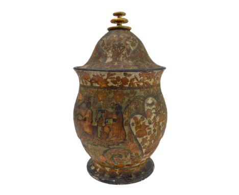 A rare mid-18th century pottery temple jar and cover: chinoiserie decoupage decoration; the domed carved wood cover with trip