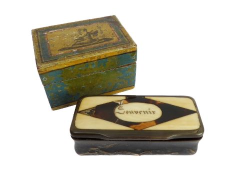 A mid 19th century horn and bone inlaid rectangular snuff box (7.5cm), together with a late 18th/early 19th century George II