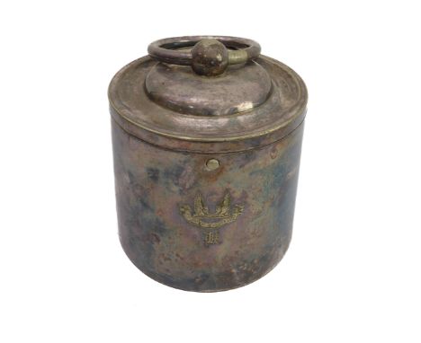 A 19th century Victorian silver-plated biscuit barrel with large ring-handle. The plain circular tapering body engraved with 