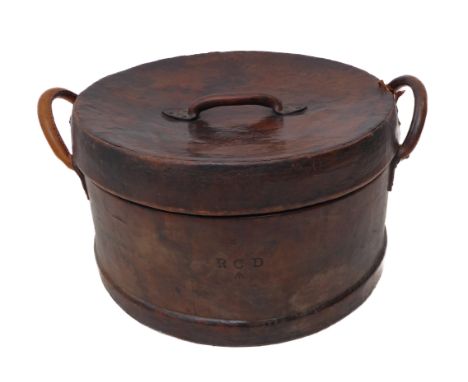 A fine 19th century leather and cork military bass-drum case: the lid stamped '28' over 'I'; the lid and front stamped 'RCD' 