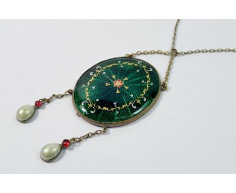 A French green oval enamel pendant necklace with faux pearl and paste drops,oval 4 x 3.2cm
