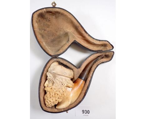 A large antique meerschaum pipe carved bearded man in fitted case, 13cm long x 9cm tall