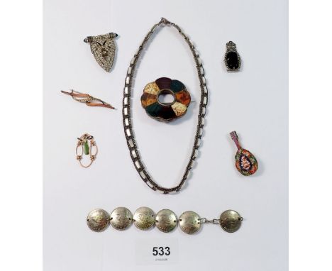 A Scottish stone set brooch, a silver mother of pearl and marcasite necklace and other jewellery