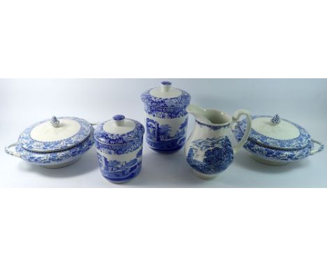 Two Spode Italian storage jars, two Gater Hall Overhouse Pottery tureens and a blue and white jug, 20cm tall