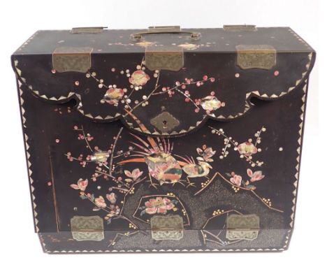 A Victorian papier mache slope front correspondence box wtih mother of pearl inlay, 33cm wide