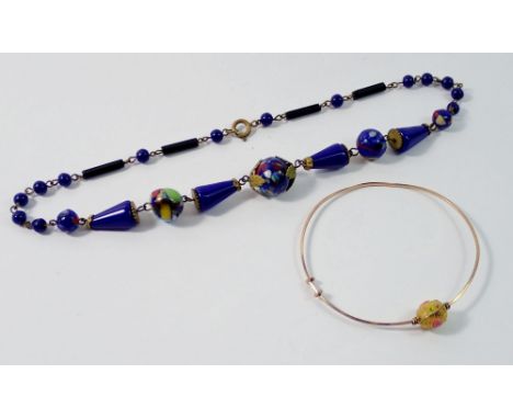 A 1920's Murano glass bead necklace and a similar yellow metal and bead bracelet 