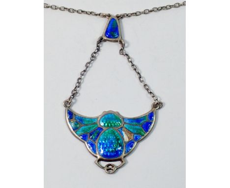 An Art Nouveau silver and enamel pendant necklace of stylised scarab beetle form by Charles Horner, 3.5cm wide