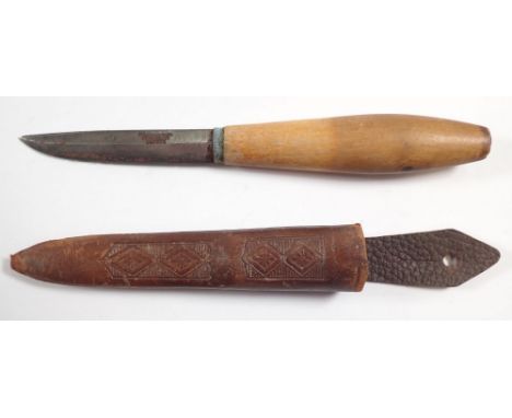 A P Holmberg small knife with wooden handle and leather scabbard, marked R S P Holmberg, Eskilstuna, Sweden, the dagger 14cm