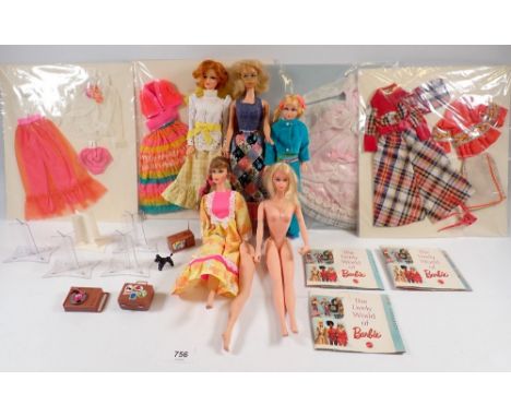 A group of five vintage Barbie dolls all with Mattel stamp to reverse 1966/1967 including Twist Skipper plus a selection of c
