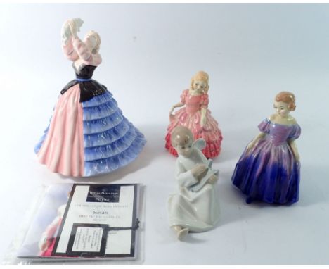 A Royal Doulton figure Susan HN4777, 18cm tall with COA and two smaller figures, Marie HN1370 and Rose HN1368 - a/f plus a Na