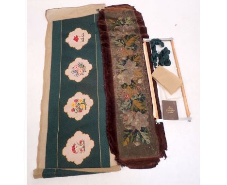 A tapestry frame and tapestry for a long kneeling stool, wool etc.