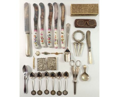 A group of silver plated items including Chinese spoons with cash coin terminals etc. 