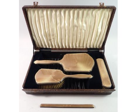 A four piece silver and guilloche enamel dressing table set in fitted box, Birminhgam 1933, Albert Carter