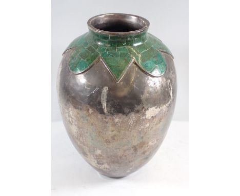 A Mexican silver plated and green enamel large vase, stamped los Castillo, Taxco, 31cm tall