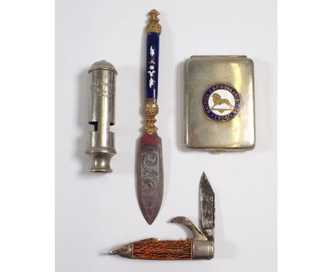 A small group of collectables including enamel handled paperknife, British Empire Exhibition cigarette case, whistle etc.