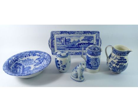 A Spode Italian bowl and sandwich plate, a Royal Delft dog and vase and cover plus two blue and white jugs