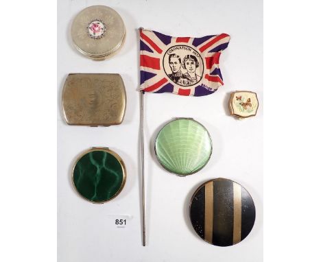 Various compacts, cigarette case and George VI handheld miniature coronation flag