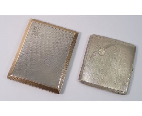 A RAF silver cigarette case and another with sliding mechanism, 280g