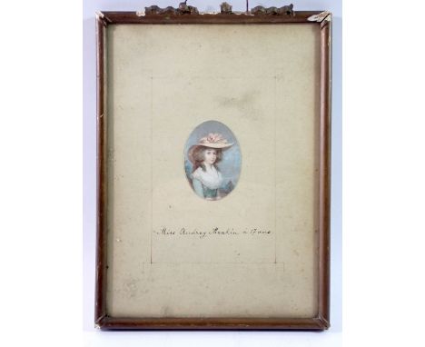 A French miniature watercolour portrait on card of Miss Audrey Meakin in 18th century dress, framed with letter to verso, sig