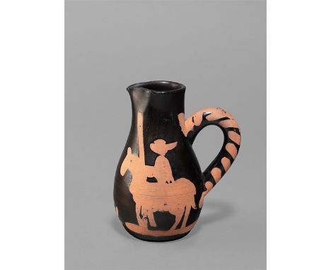 Pablo Picasso (Málaga 1881 – 1973 Mougins). „Picador“. 1952Krug, roter Ton mit oxidierter Paraffinbemalung, glasiert.  Höhe: 