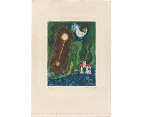 Marc Chagall (Witebsk 1887 – 1985 Saint-Paul-de-Vence). „L'Horloge – Le Pendule“. 1956Farbaquatinta und Radierung auf BFK Riv