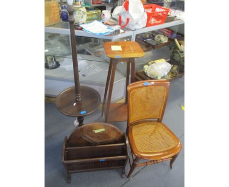 Mixed furniture to include a standard lamp, two tier plant stand, low chair, magazine rack and a circular topped occasional t