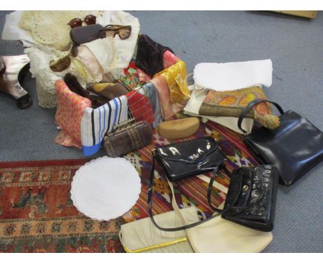 Vintage scarves, linen and lace, mixed handbags and sunglasses, together with a basket weave box and a South American embroid