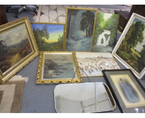 A Lowry print of a beach scene, five oils on board of landscapes, a print of a policeman, a print of The Cornfield by Constab
