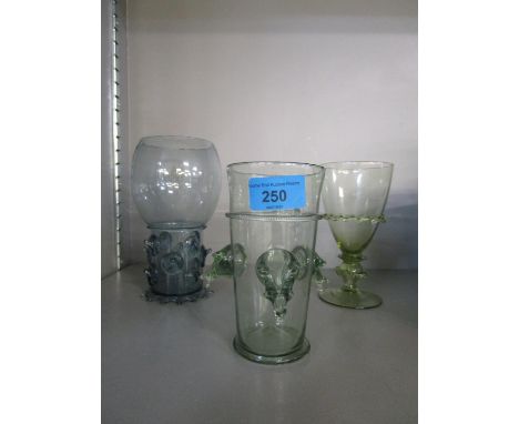 A group of three 20th century reproduction Waldglas drinking glasses to include a roemer in light blue glass with applied pru