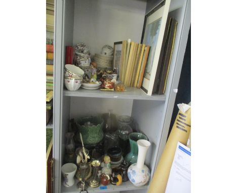 A mixed lot to include a part teaset, framed pictures, small oil lamp, cut glassware, cutlery and other items 