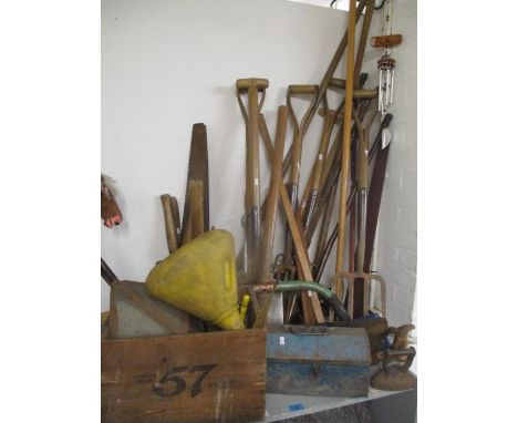 A selection of mainly tools to include a saw, vintage toolbox, gardening tools and other items. Location:G 