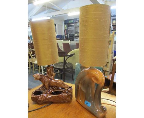 A 1950s American ceramic styalized table lamp with a gold coloured shade and another fashioned as tiger on a planter, re-wire